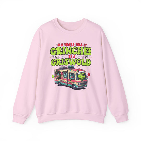 Unisex heavy blend crewneck sweatshirt featuring a cartoon image of a bus and a green Grinch in a Santa hat. Comfortable 50% cotton, 50% polyester fabric with ribbed knit collar. Runs true to size.