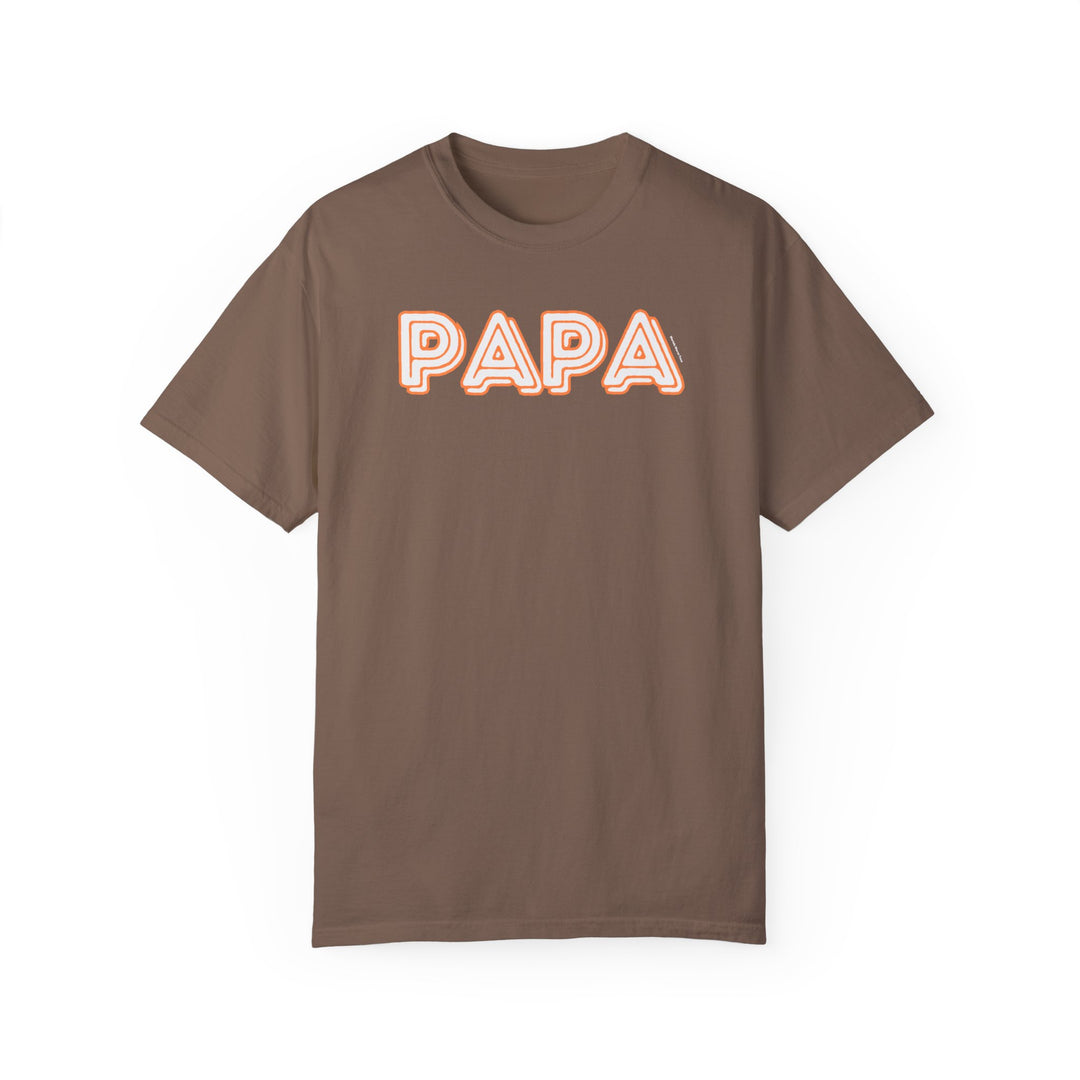 A brown Papa Tee, garment-dyed 100% ring-spun cotton, with a relaxed fit and double-needle stitching for durability. Soft-washed fabric for coziness. No side-seams for a tubular shape.