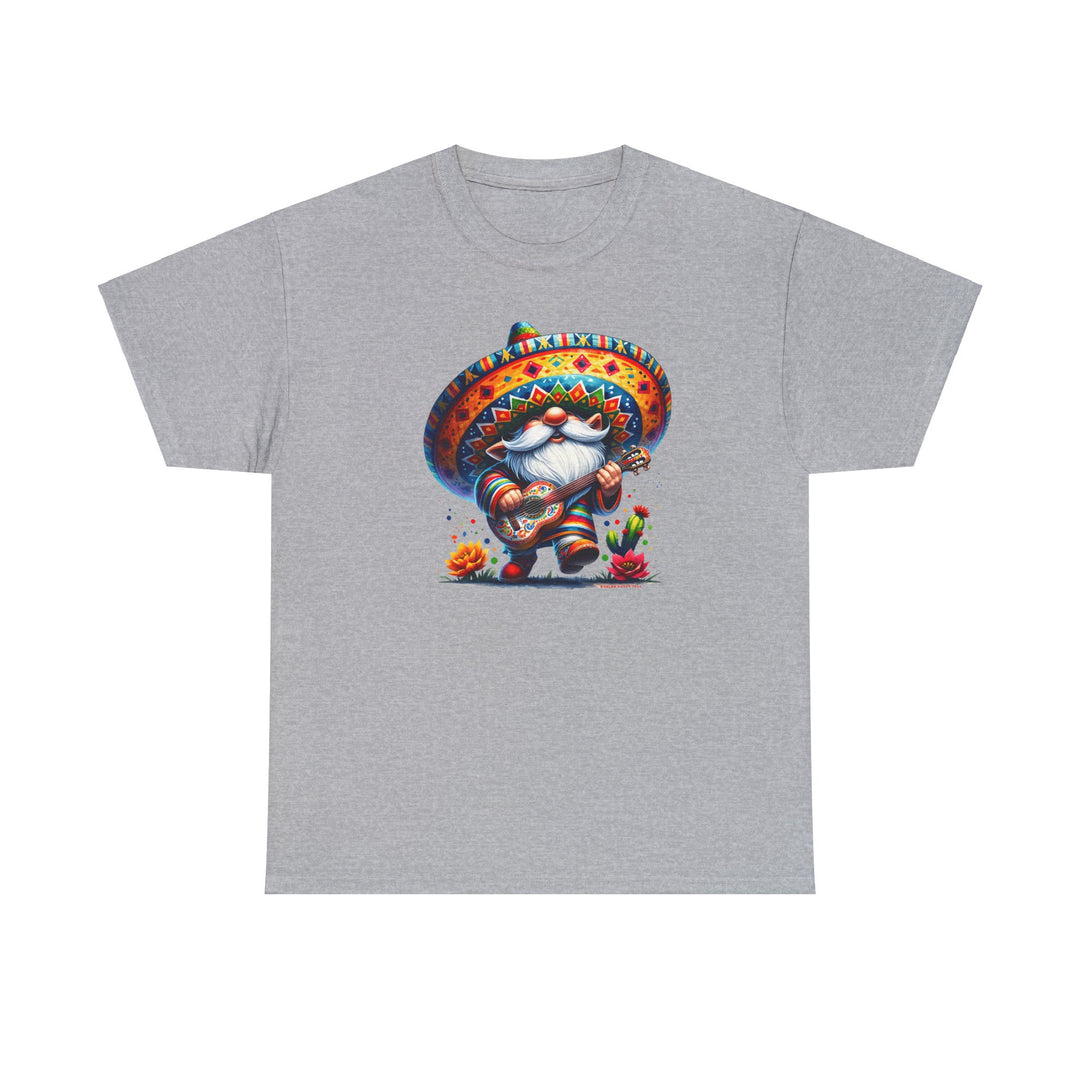 A Mexican Gnome Tee featuring a cartoon gnome playing a guitar on a t-shirt. Unisex heavy cotton tee with smooth surface for vivid printing, no side seams, tear-away label, and ethical US cotton.