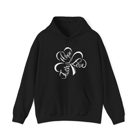 A black unisex Faith Hope Love hoodie, featuring a white design of a clover and text. Made of 50% cotton and 50% polyester, with a kangaroo pocket and matching drawstring. Plush, warm, and stylish.