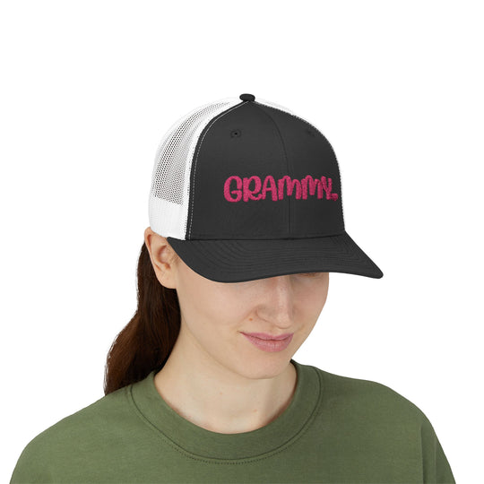 Grammy Snapback Trucker Cap with a 6-panel design, pre-curved visor, and adjustable snap closure, offering a stylish, breathable fit with a cotton sweatband.