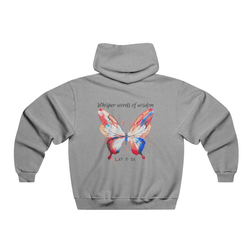 A grey Whisper Words of Wisdom hoodie featuring a butterfly design, made of 50% cotton and 50% polyester. Unisex, heavy blend fabric with kangaroo pocket and drawstring hood.