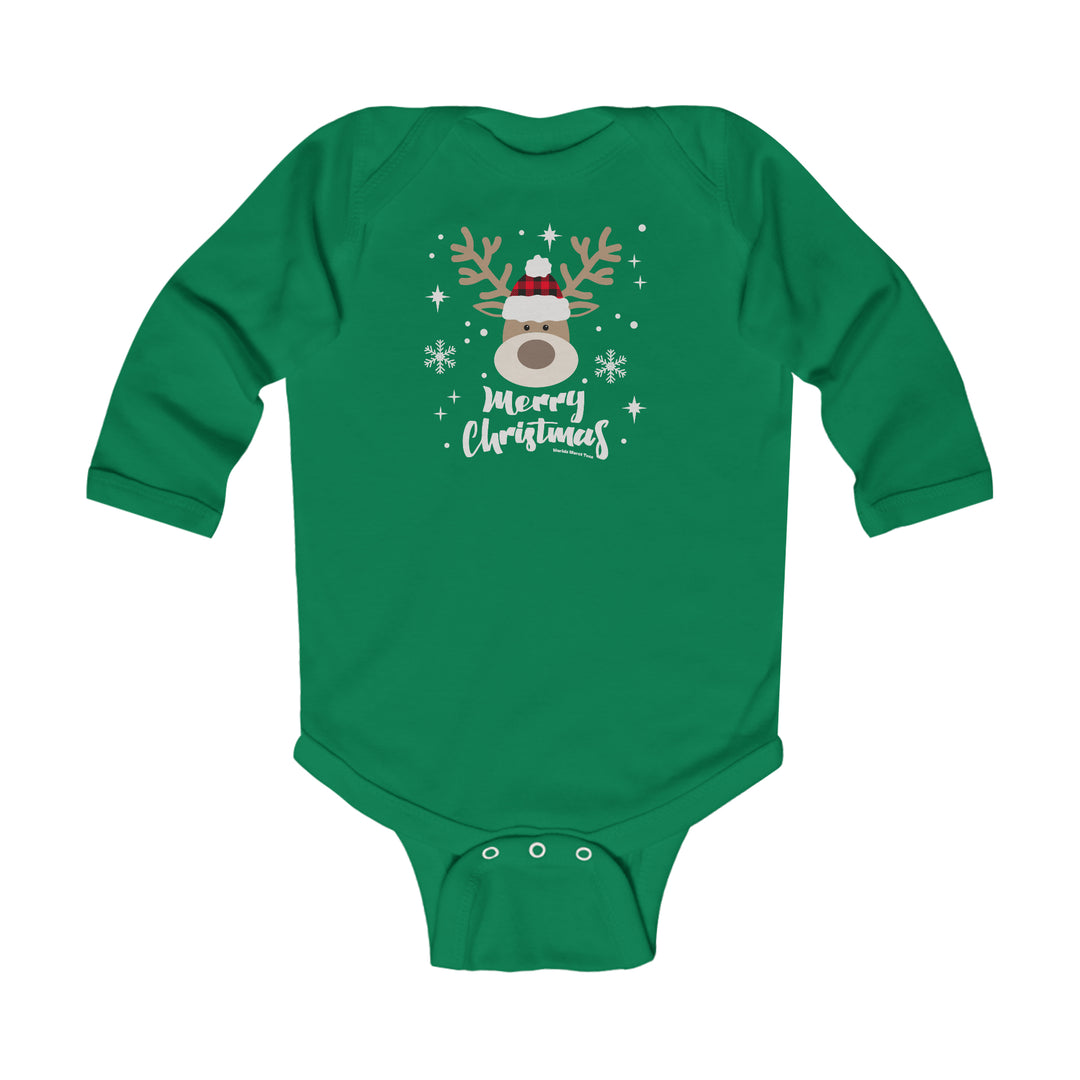 Infant long sleeve bodysuit featuring a Boy Christmas Deer design. Made of 100% cotton, with ribbed bindings for durability. Plastic snaps for easy changing. From Worlds Worst Tees.