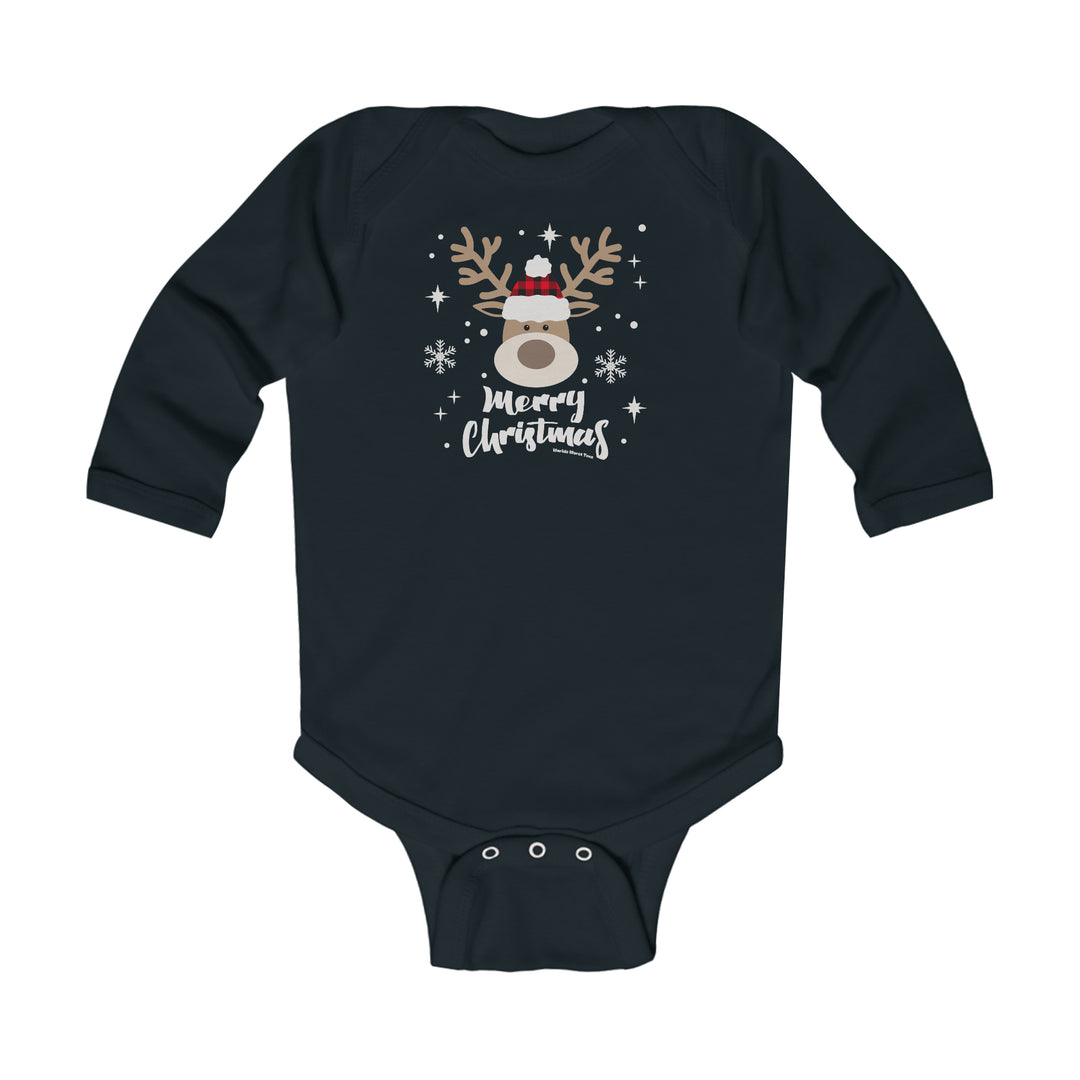 A black baby bodysuit featuring a reindeer design, perfect for infants. Made of soft, durable cotton with plastic snaps for easy changing. Ideal for boys, this Christmas-themed onesie is a cozy addition to any baby's wardrobe.