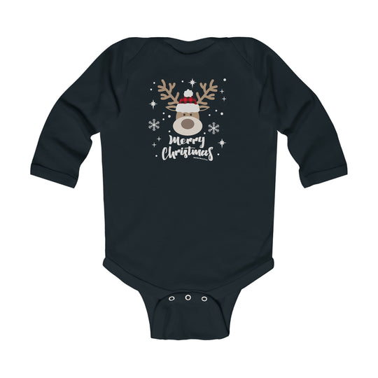 A black baby bodysuit featuring a reindeer design, perfect for infants. Made of soft, durable cotton with plastic snaps for easy changing. Ideal for boys, this Christmas-themed onesie is a cozy addition to any baby's wardrobe.