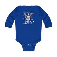 A blue baby bodysuit featuring a charming reindeer design, perfect for infants. Made of soft, durable cotton with plastic snaps for easy changes. Ideal for the holiday season.