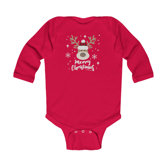 Infant long sleeve bodysuit with a red deer design, perfect for baby's comfort. Features plastic snaps for easy changing and ribbed bindings for durability. From Worlds Worst Tees: Boy Christmas Deer Onesie.
