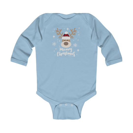 A baby bodysuit featuring a reindeer design, perfect for infants. Made of soft, durable cotton with plastic snaps for easy changing. From Worlds Worst Tees, known for unique graphic t-shirts.