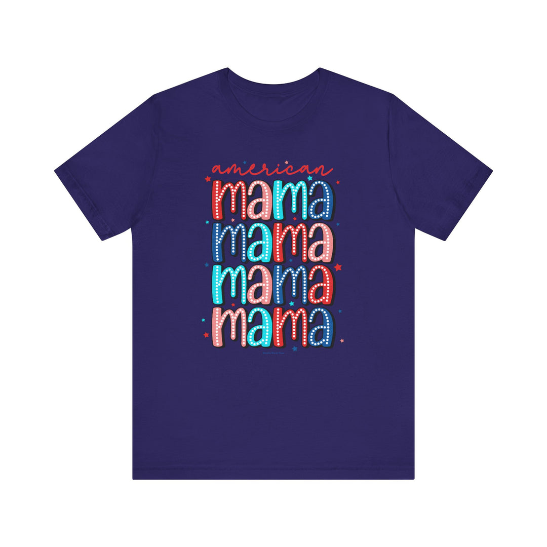 American Mama Tee: A purple t-shirt with bold text, featuring a classic unisex jersey fit. Made of 100% Airlume combed cotton, light fabric, ribbed knit collars, and tear-away label. Sizes XS to 3XL.