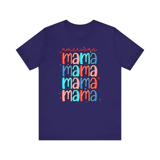 American Mama Tee: A purple t-shirt with bold text, featuring a classic unisex jersey fit. Made of 100% Airlume combed cotton, light fabric, ribbed knit collars, and tear-away label. Sizes XS to 3XL.