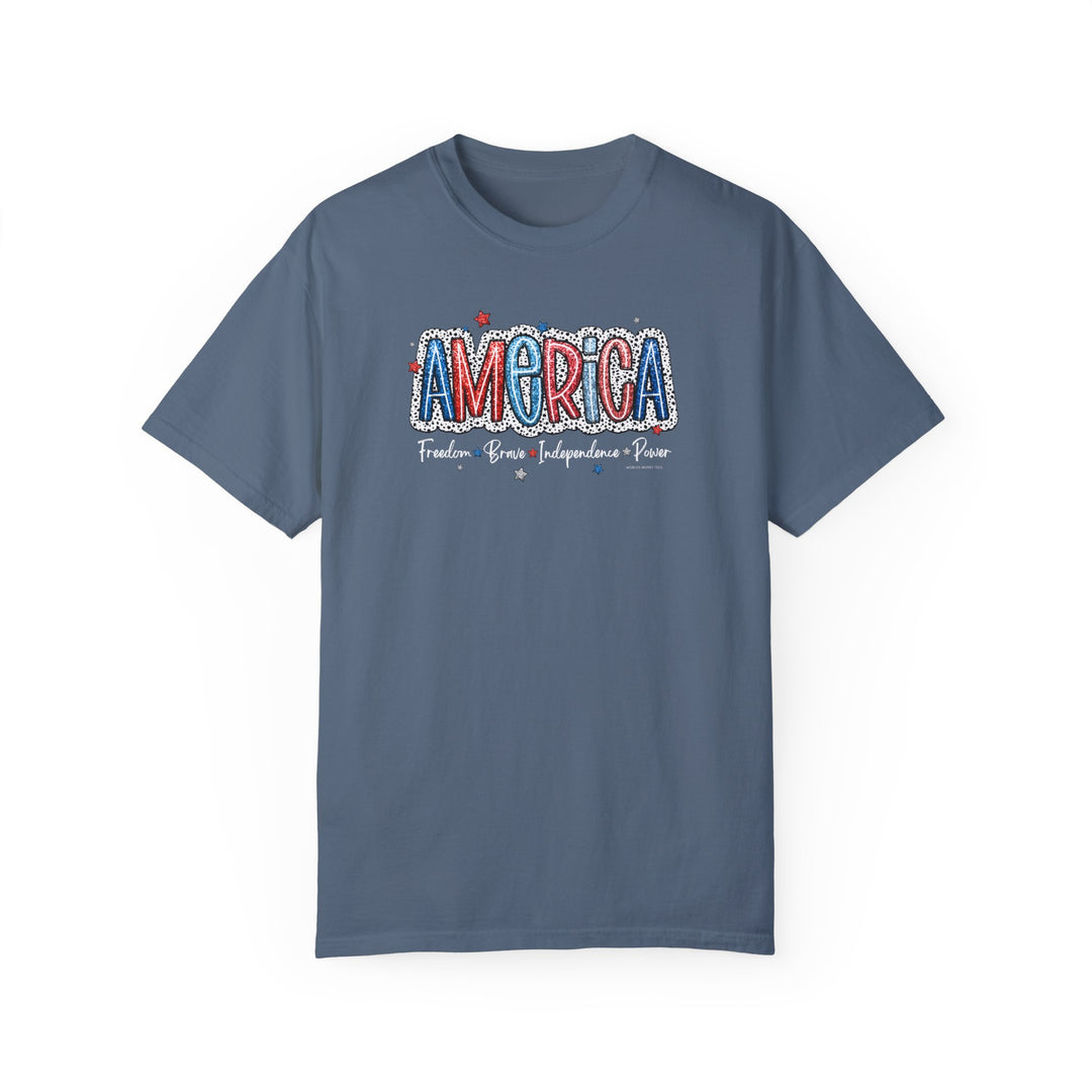 America Tee: Garment-dyed t-shirt in ring-spun cotton, soft-washed for coziness. Relaxed fit, double-needle stitching for durability, no side-seams for shape retention. Medium weight, sizes S-3XL.