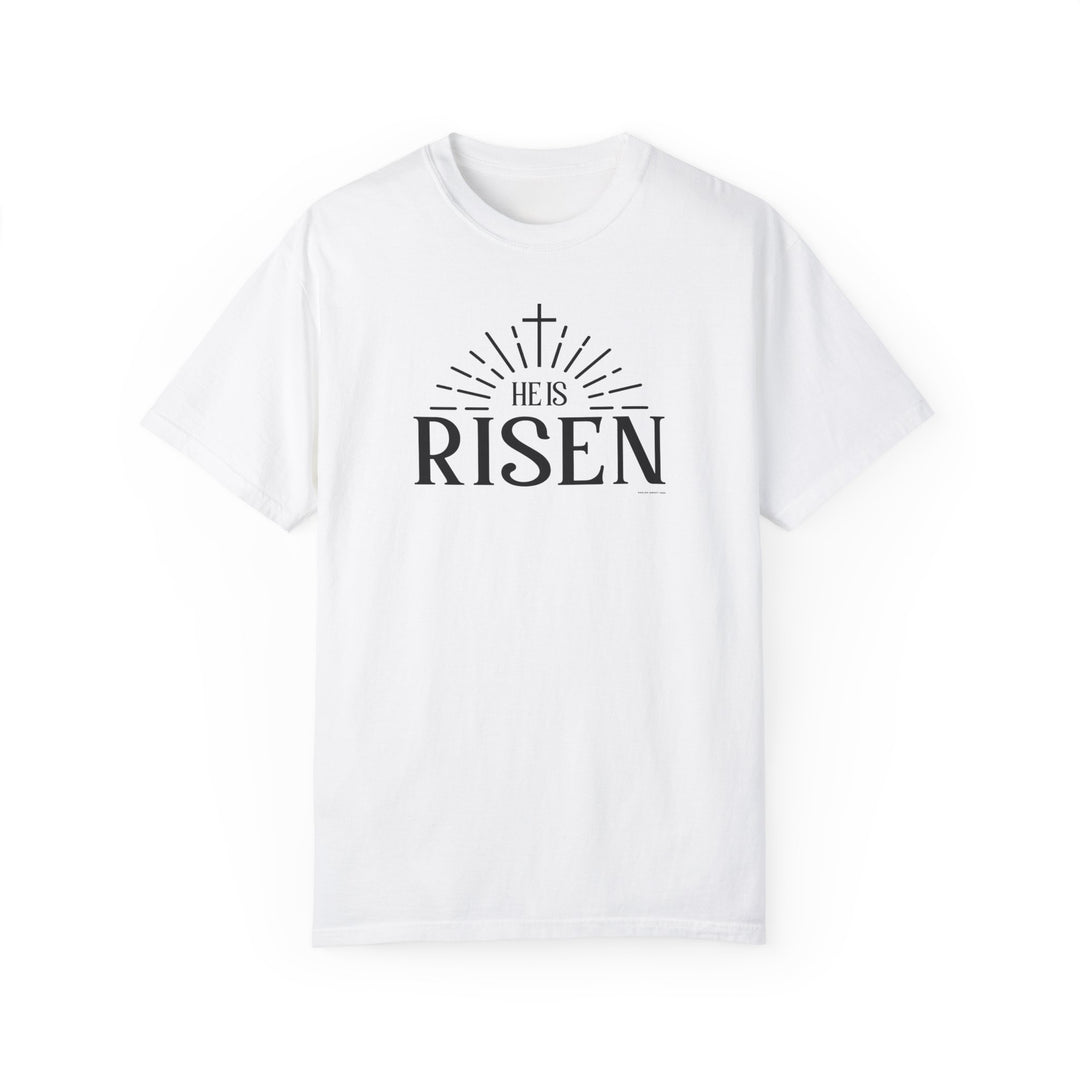 A relaxed fit He is Risen Tee, crafted from 100% ring-spun cotton. Garment-dyed for extra coziness, featuring double-needle stitching for durability and a seamless design for a sleek look.