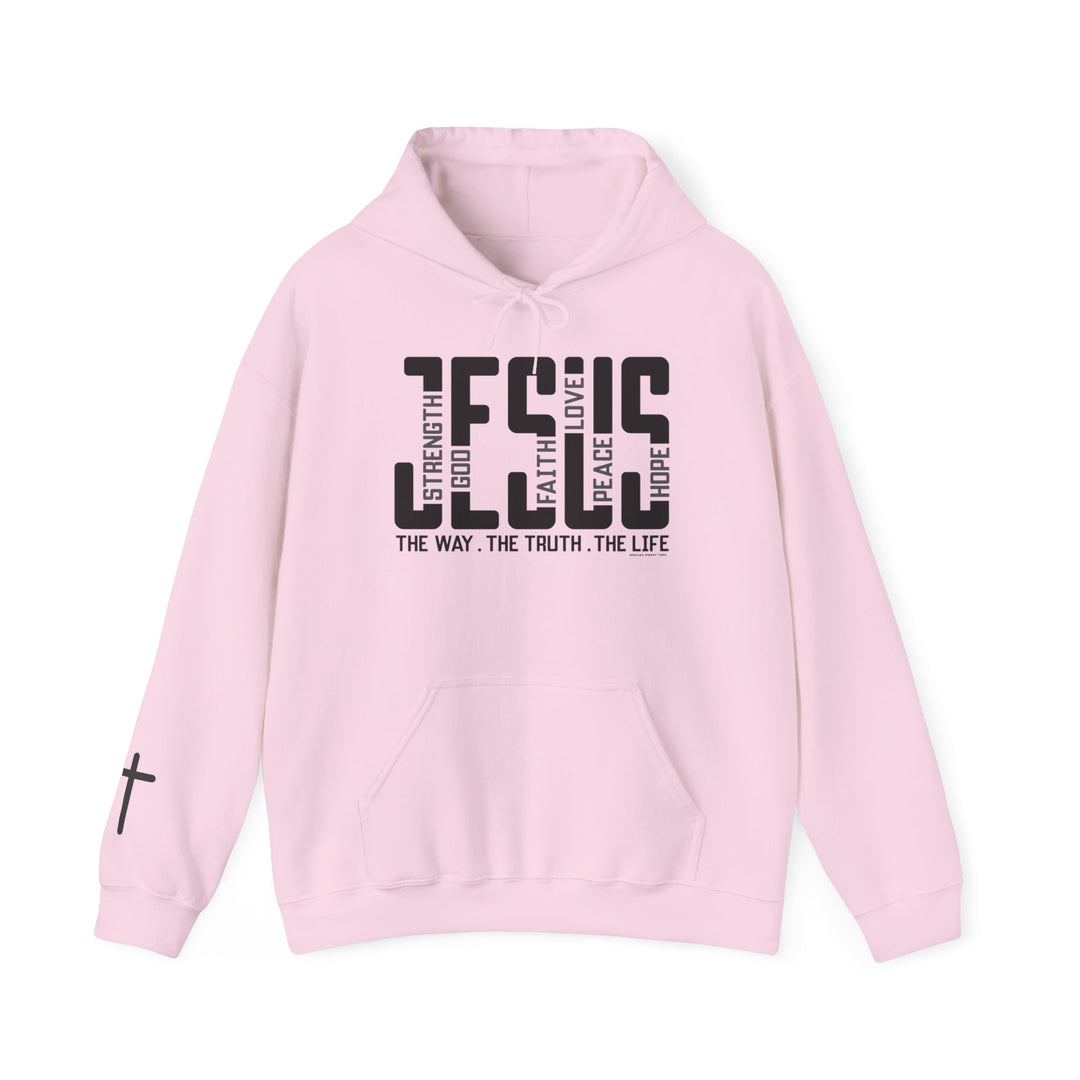 A cozy Jesus Hoodie in pink with black text. Unisex heavy blend sweatshirt with kangaroo pocket and matching drawstring. 50% cotton, 50% polyester, 8.0 oz/yd² fabric. Classic fit, true to size.