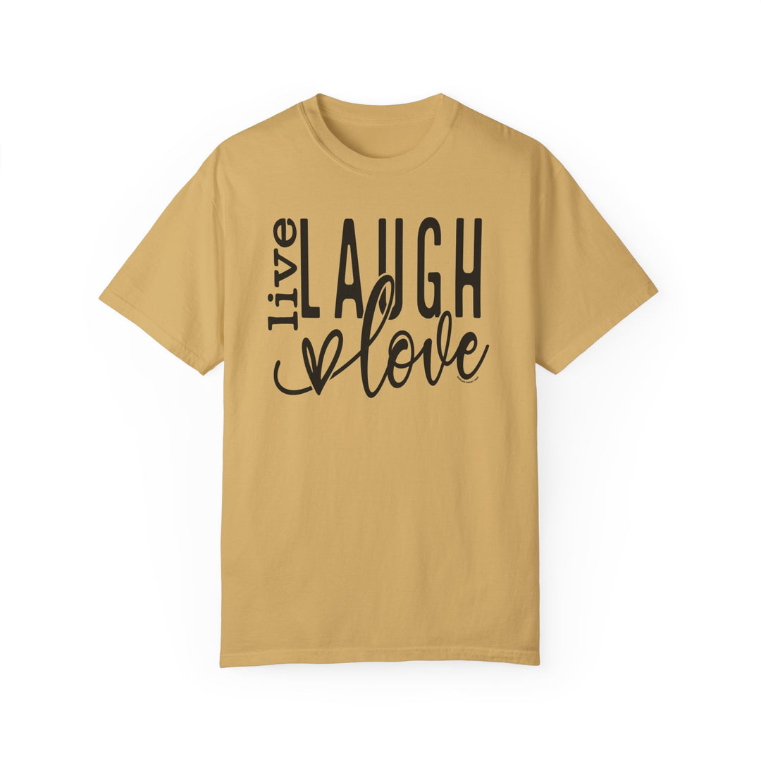 A relaxed fit Live Laugh Love Tee, crafted from 100% ring-spun cotton. Garment-dyed for extra coziness, featuring double-needle stitching for durability and a seamless design for a tubular shape.