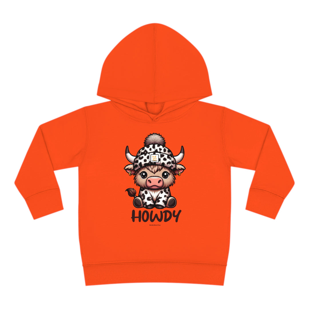 Toddler hoodie featuring a cow cartoon on the front, designed for comfort with jersey-lined hood and durable stitching. Side seam pockets for coziness. From Worlds Worst Tees.