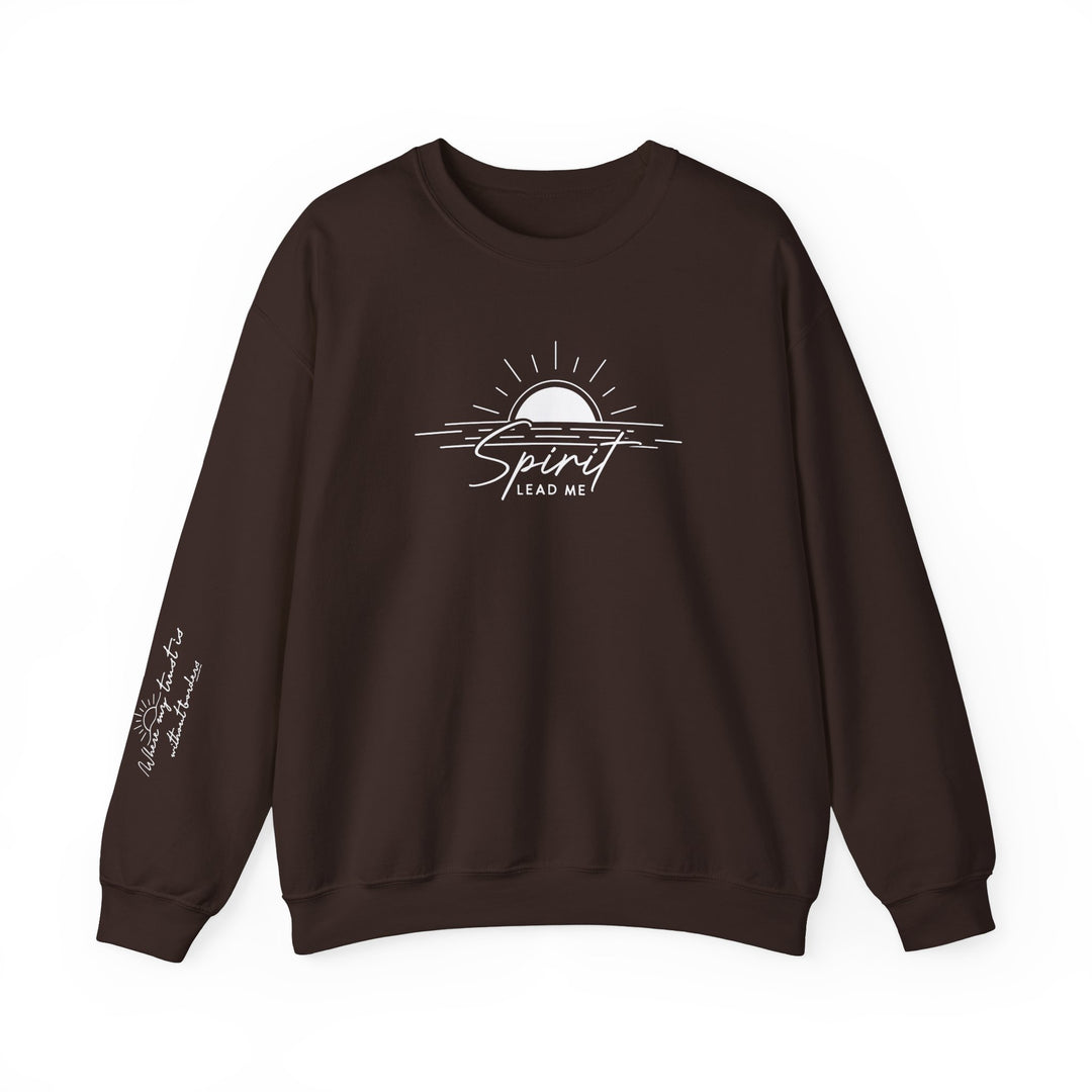 Unisex heavy blend crewneck sweatshirt, Spirit Lead me Crew, in brown with white text. Made of 50% cotton and 50% polyester for cozy comfort. Ribbed knit collar, double-needle stitching for durability. Ethically grown US cotton.