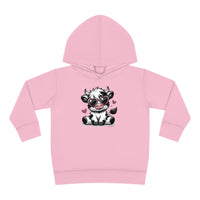 Cute Cow Toddler Hoodie with cartoon cow wearing sunglasses. Jersey-lined hood, cover-stitched details, side seam pockets for durability and coziness. Ideal for kids' comfort and play.