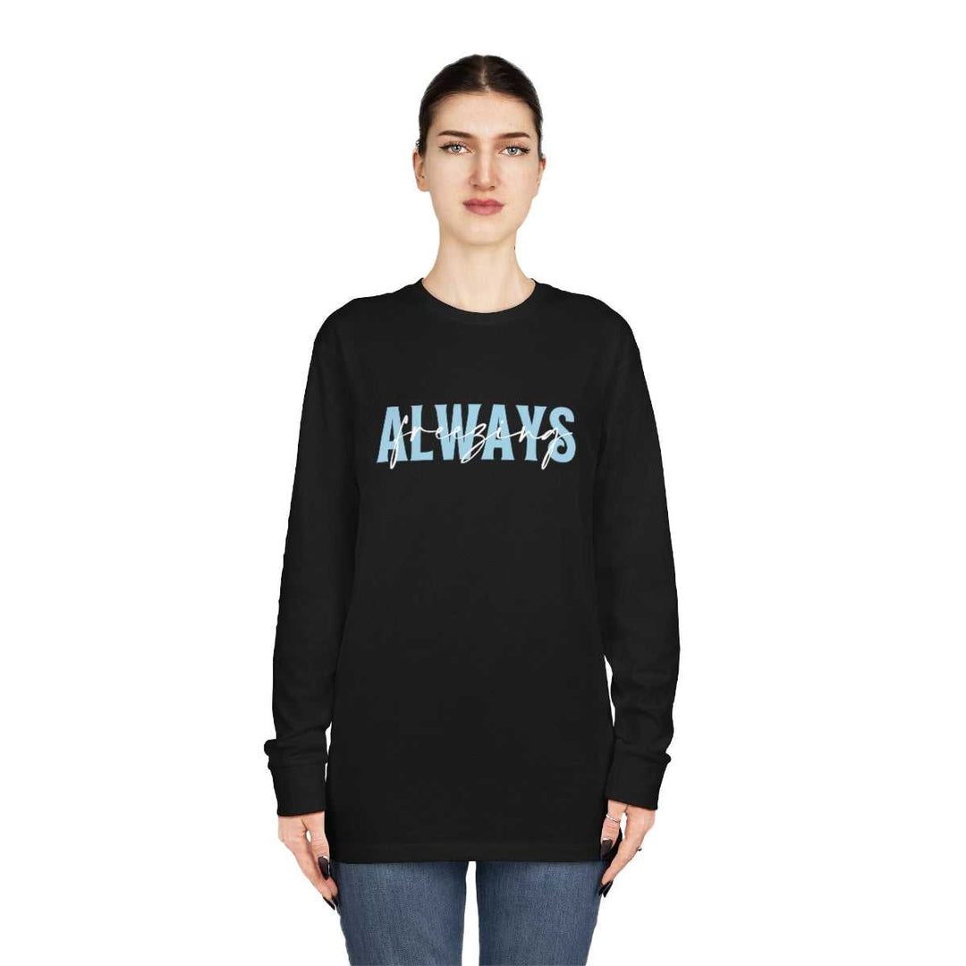 A versatile Always Freezing Long Sleeve Tee in black, featuring a crewneck style. Made of 100% combed ring-spun cotton for comfort, with shoulder taping for durability. Ideal for customization.