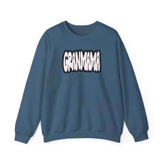 A comfortable Granmama Crew unisex sweatshirt in blue with white text. Made of 50% cotton and 50% polyester, featuring ribbed knit collar and no itchy side seams. Medium-heavy fabric, loose fit, true to size.