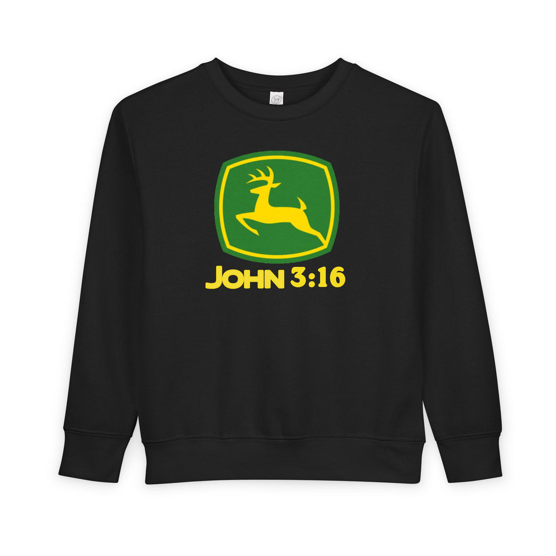 Black crewneck sweatshirt for toddlers with a humorous John Deere logo parody, featuring John 3:16 text, offering warmth and comfort with durable stitching.