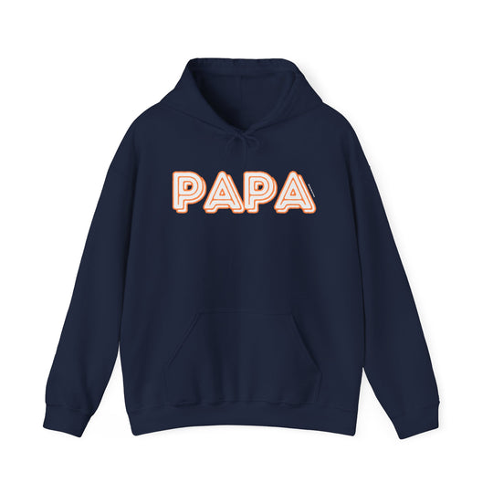 A cozy unisex Papa Hoodie in blue with white text, featuring a kangaroo pocket and matching drawstring. Made of 50% cotton, 50% polyester blend for warmth and comfort. Classic fit, tear-away label, and true-to-size.