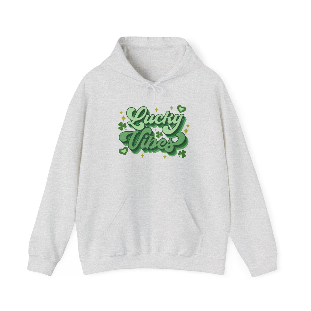 Good Day Lucky Day Hoodie in white, featuring green text with shamrocks and stars, made of a cotton-polyester blend with a kangaroo pocket and drawstring hood.