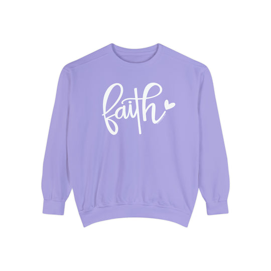 Unisex Faith Crew sweatshirt in purple with white text. Made of 80% ring-spun cotton and 20% polyester, featuring a relaxed fit and rolled-forward shoulder. From Worlds Worst Tees.