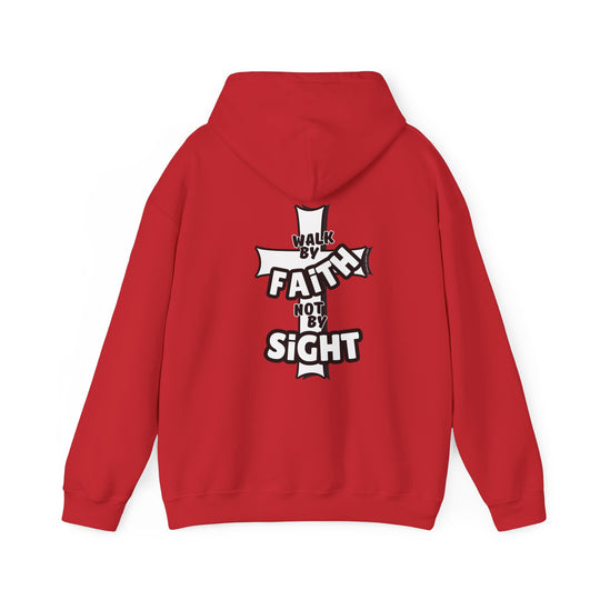 A red hoodie with Walk By Faith Not By Sight text. Unisex heavy blend, cotton-polyester fabric, kangaroo pocket, no side seams. Ideal for warmth and printing. From Worlds Worst Tees.