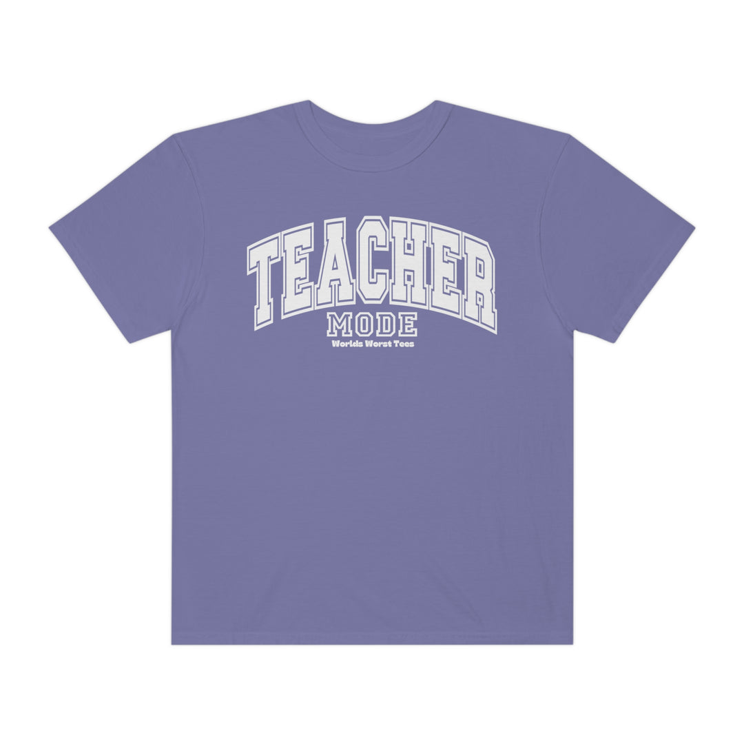 Unisex Teacher Mode Tee: A purple shirt with white text, made of 80% ring-spun cotton and 20% polyester. Relaxed fit, rolled-forward shoulder, medium-heavy fabric. From Worlds Worst Tees.