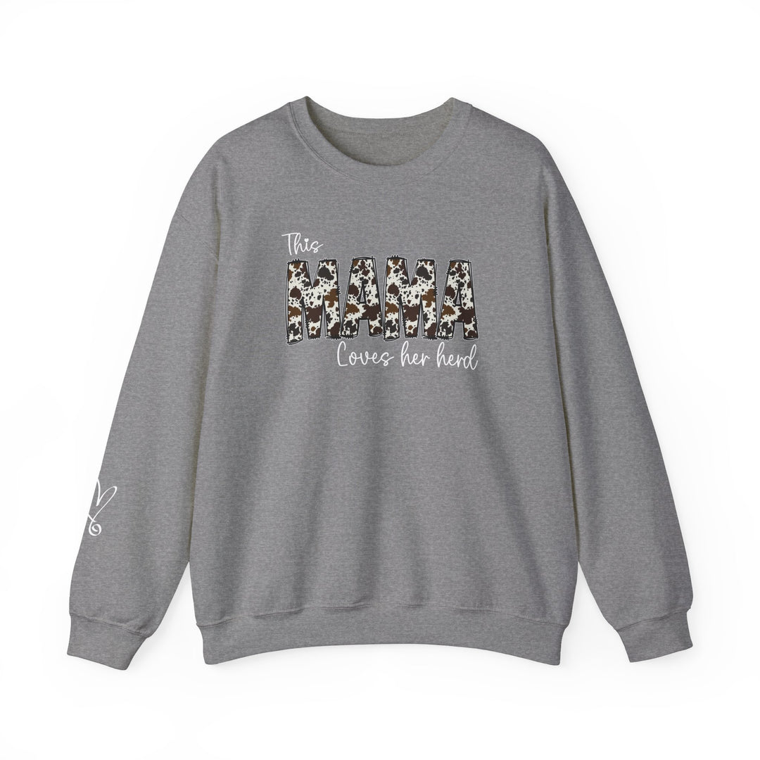 A Mama Herd Crew unisex sweatshirt, featuring a logo close-up and heart detail. Made of 50% cotton, 50% polyester with ribbed knit collar, no itchy seams, and a loose fit. Ideal for comfort.