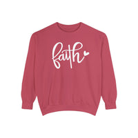 Unisex Faith Crew sweatshirt in pink with white text. Made of 80% ring-spun cotton and 20% polyester, featuring a relaxed fit, rolled-forward shoulder, and back neck patch. Luxurious comfort in a medium-heavy fabric.