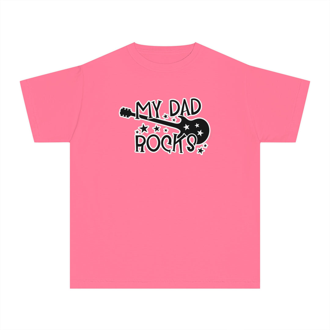 A pink kids tee with My Dad Rocks text. 100% combed ringspun cotton, light fabric, classic fit, sew-in twill label. Ideal for active kids. From Worlds Worst Tees.