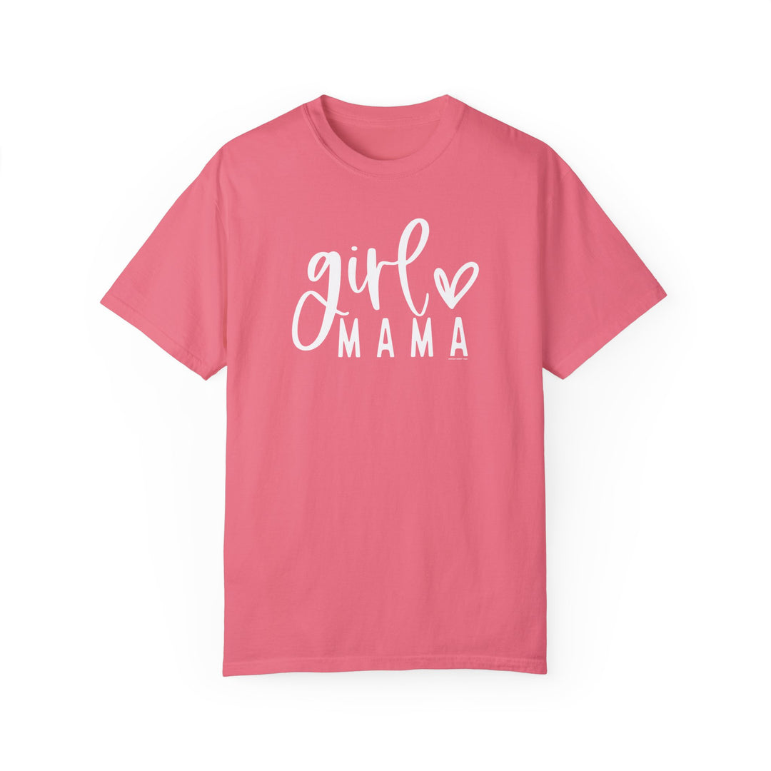 Relaxed fit Girl Mama Tee in pink with white text. 100% ring-spun cotton, garment-dyed for coziness. Double-needle stitching for durability, no side-seams for shape retention. Ideal for daily wear.
