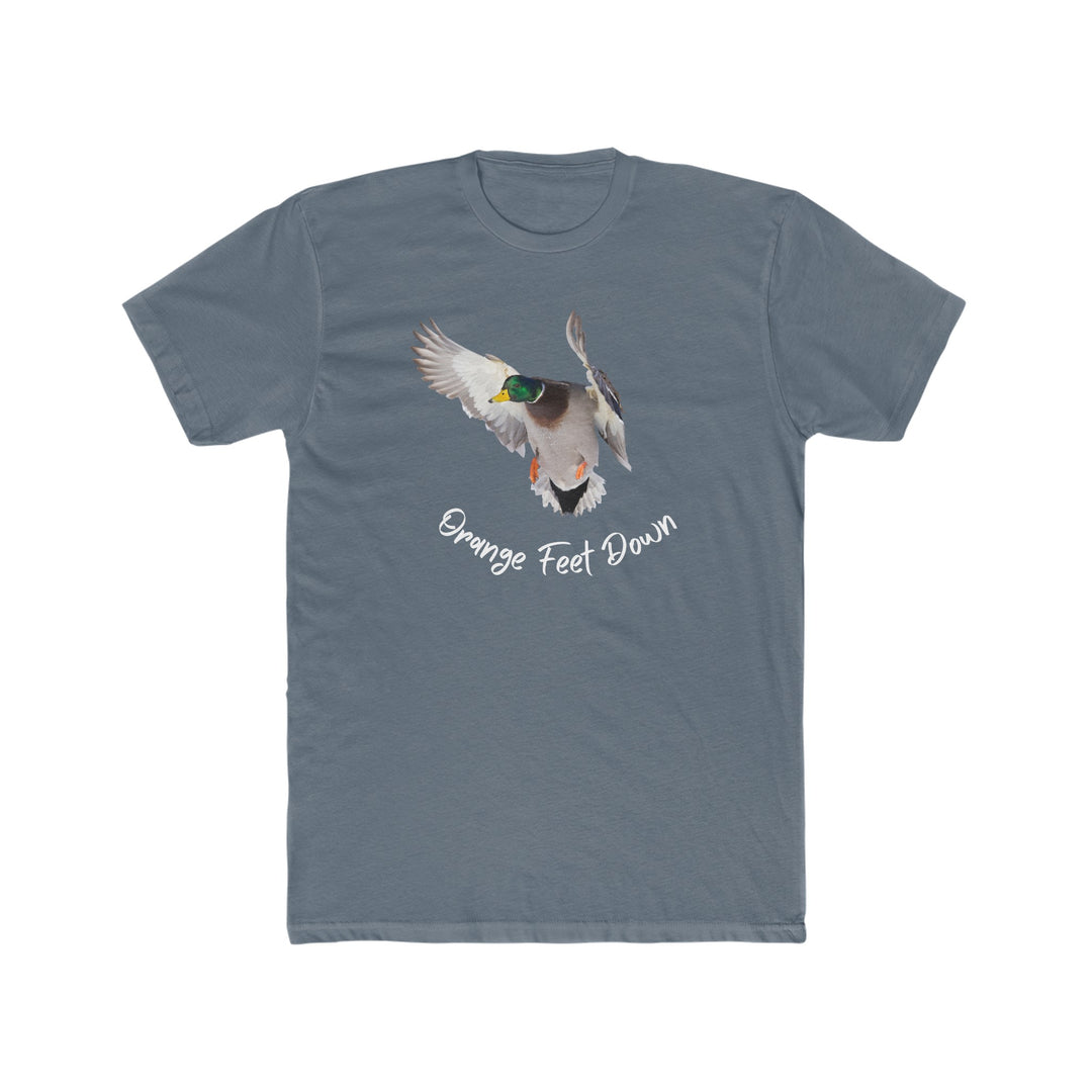 A premium fitted t-shirt featuring a duck print, ideal for workouts or daily wear. Made of 100% combed, ring-spun cotton, light fabric, tear-away label, and a statement-making design. Orange Feet Down Tee by Worlds Worst Tees.