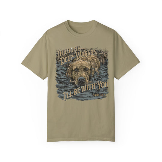 A relaxed fit Through Deep Waters Hunting Tee, featuring a dog graphic on a garment-dyed t-shirt. 100% ring-spun cotton, double-needle stitching, and seamless design for durability and comfort.