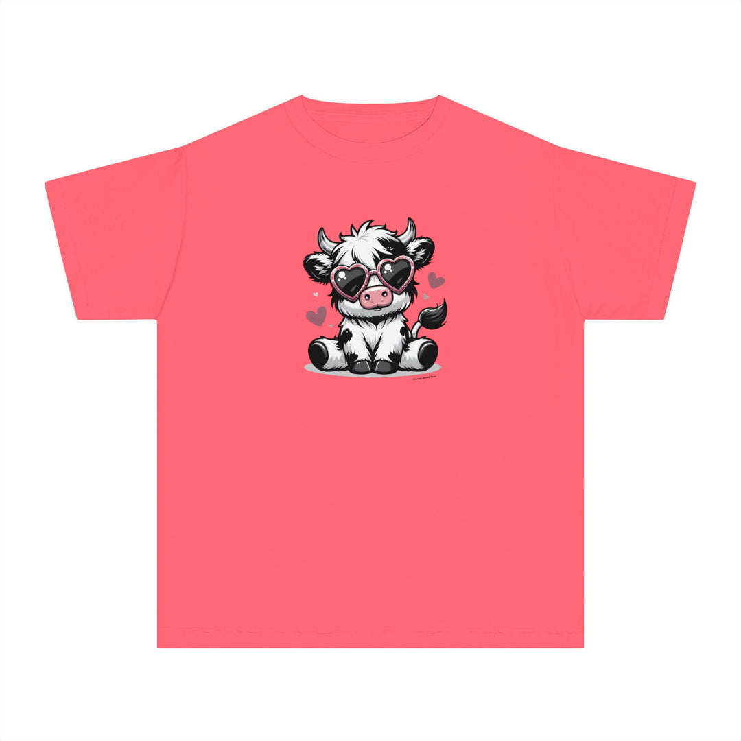 A playful Cute Cow Kids Tee, featuring a cartoon cow in sunglasses on a pink shirt. Made of soft 100% combed ringspun cotton for comfort and agility. Ideal for active kids.