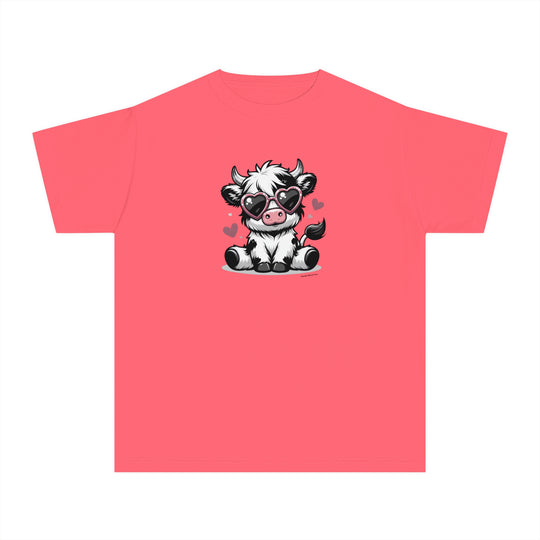 A playful Cute Cow Kids Tee, featuring a cartoon cow in sunglasses on a pink shirt. Made of soft 100% combed ringspun cotton for comfort and agility. Ideal for active kids.