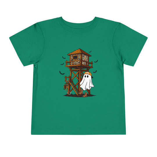 Ghost Hunter Toddler Tee featuring a deer-blind, cartoon ghost in an orange cap, and bats, combining spooky and hunting lodge themes on a playful green children's shirt.