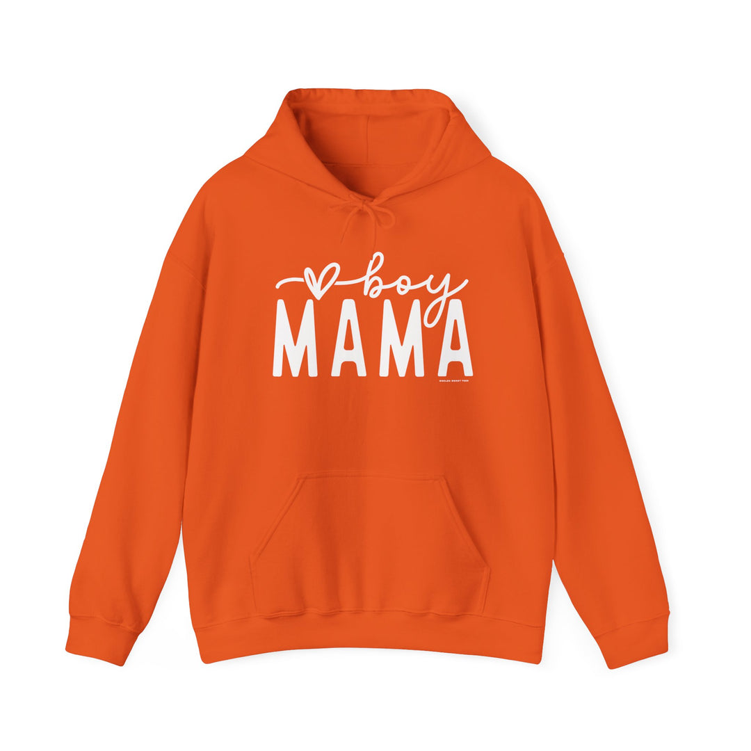 A cozy unisex Boy Mama Hoodie in orange with white text, featuring a kangaroo pocket and matching drawstring. Made of 50% cotton and 50% polyester for warmth and comfort. Sizes from S to 5XL.