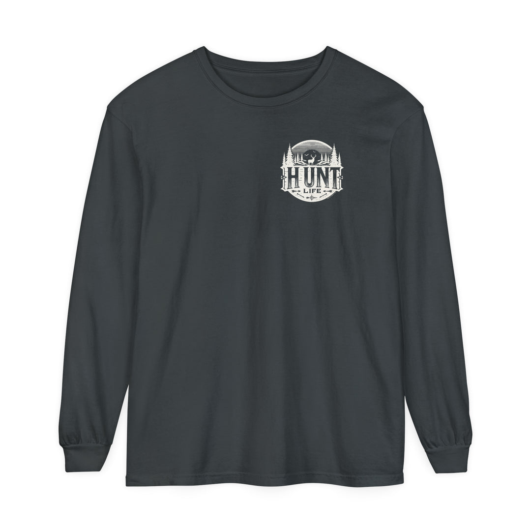 A black Turkey Hunting Long Sleeve T-Shirt in ring-spun cotton. Garment-dyed fabric with a relaxed fit for comfort. Features a logo with a deer and trees.