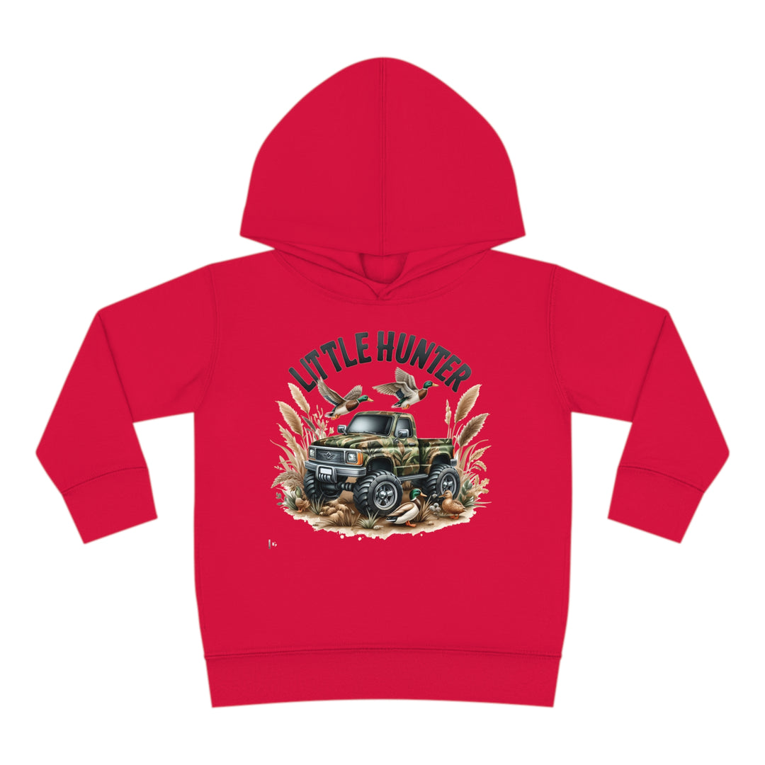 Little Hunter Toddler Hoodie featuring a truck and birds design, crafted for durability and coziness with side seam pockets. 60% cotton, 40% polyester blend for comfort. Dimensions: 2T - 15.62L x 14.50W x 12.00SL.