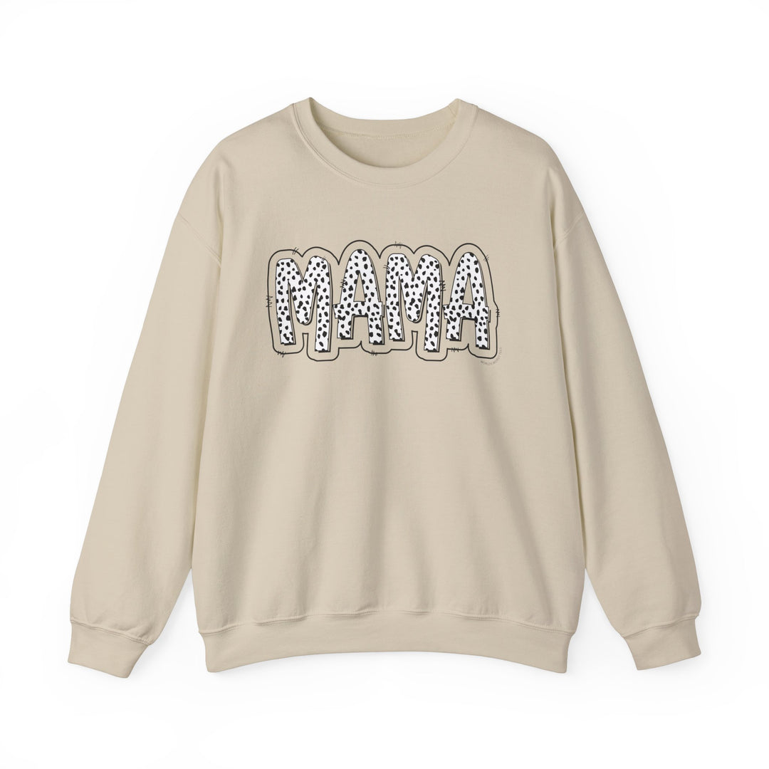 A Mama Print Crew unisex sweatshirt in beige with black and white designs. Made of 50% cotton and 50% polyester, featuring a ribbed knit collar and a loose fit. Comfortable and stylish for any occasion.