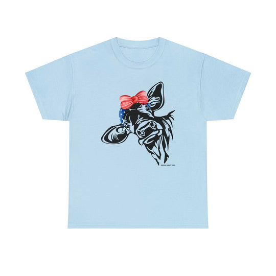 Unisex heavy cotton tee featuring a Mama Cow design with a red bow, perfect for casual fashion. Seamless, durable, and ribbed collar for comfort. Available in various sizes. From 'Worlds Worst Tees'.