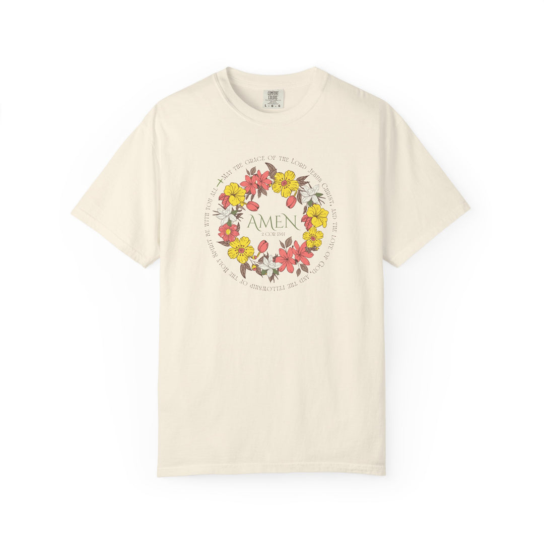 Amen Tee with floral design, featuring a soft-washed, garment-dyed finish. Made from 100% ring-spun cotton, offering comfort and durability with a relaxed fit.