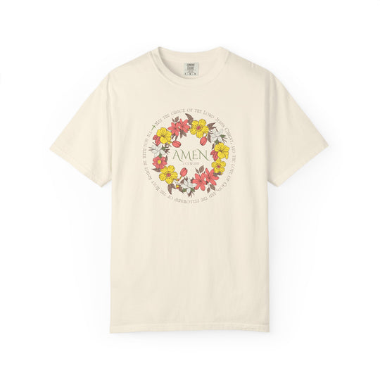 Amen Tee with floral design, featuring a soft-washed, garment-dyed finish. Made from 100% ring-spun cotton, offering comfort and durability with a relaxed fit.