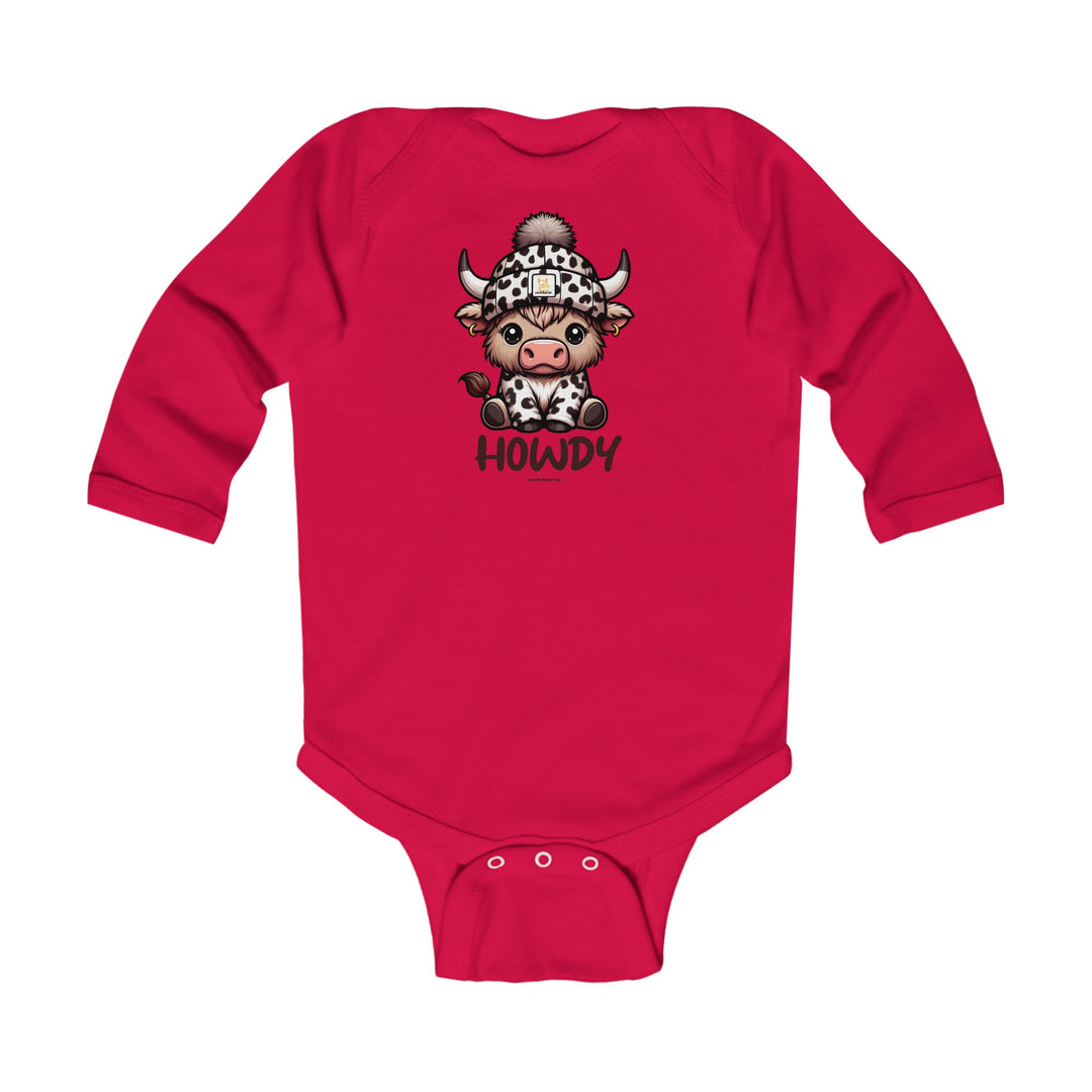 A red baby bodysuit featuring a cow design, ideal for infants. Made of soft, durable cotton with ribbed bindings for comfort and flexibility. Howdy Long Sleeve Onesie from Worlds Worst Tees.