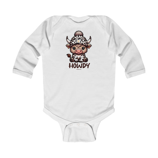 A white baby bodysuit featuring a cow cartoon, ideal for infants. Made of soft, durable 100% combed ring-spun cotton. Long sleeves with ribbed bindings and plastic snaps for easy changes. From 'Worlds Worst Tees'.