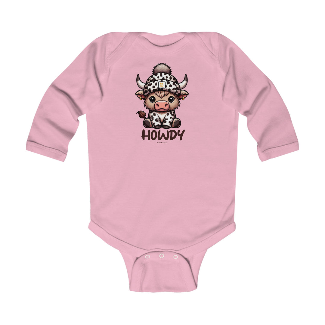 A pink baby bodysuit featuring a cow wearing a hat, ideal for infants. Made of soft, durable materials with ribbed bindings for comfort and ease of movement. Part of the Howdy Long Sleeve Onesie collection.