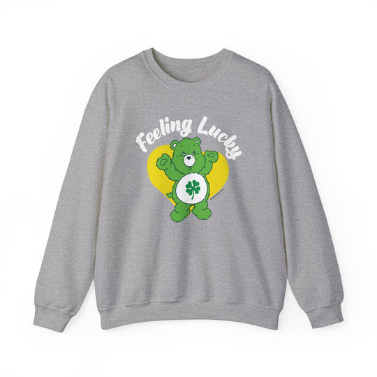 Unisex Feeling Lucky Crew sweatshirt with bear and clover design. Cotton-polyester blend, ribbed knit collar, loose fit, no itchy seams. From Worlds Worst Tees.