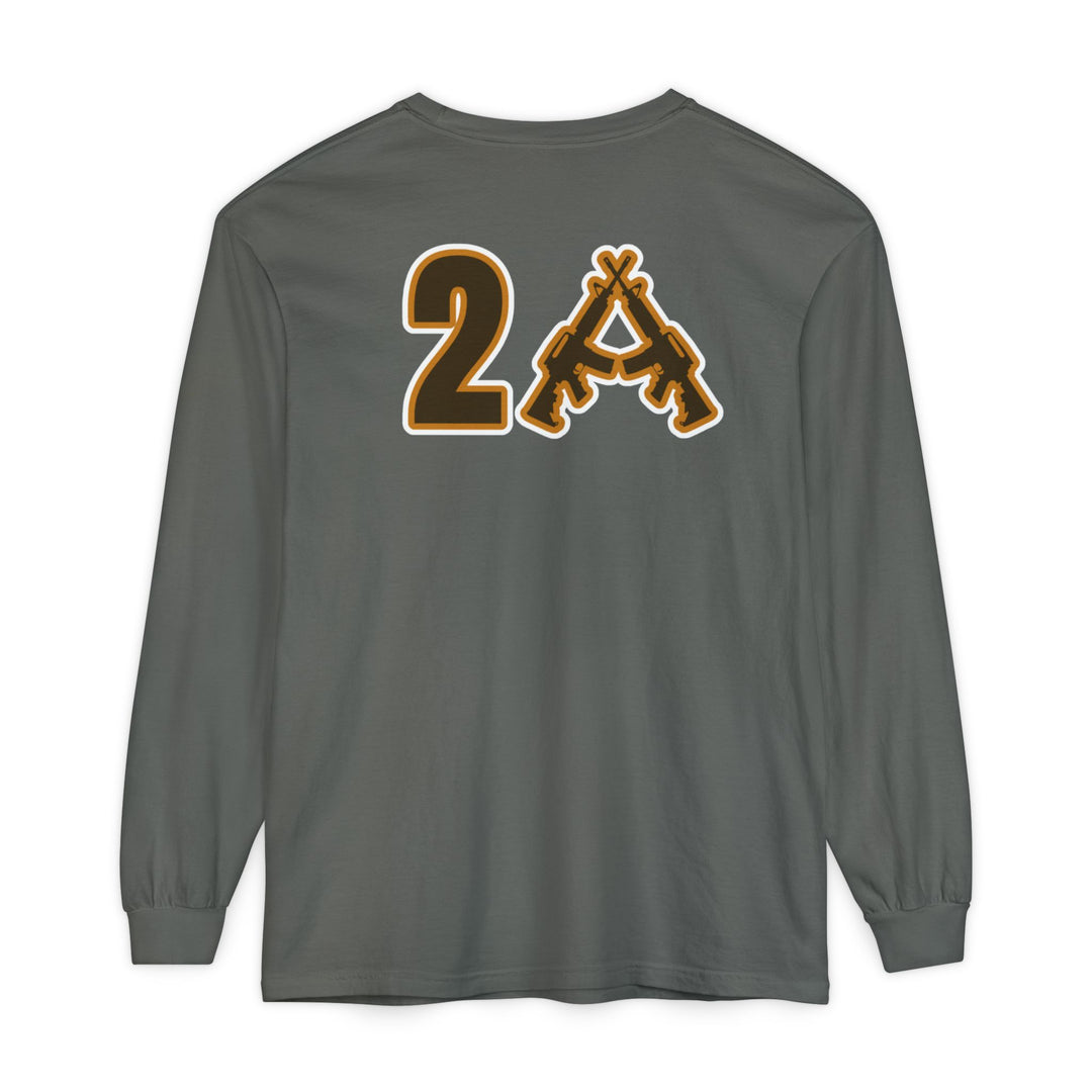 Back view of 2A Long Sleeve Tee featuring a stylized 2A graphic with rifles on an olive-gray shirt, showcasing a relaxed fit and garment-dyed fabric.